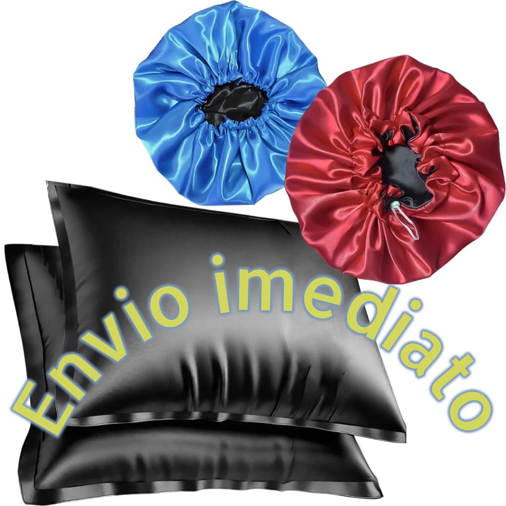 Kit Cetim Anti Frizz 2 Toucas Dupla Face + 2 Fronhas + 2 Xuxinhas AntiFrizz