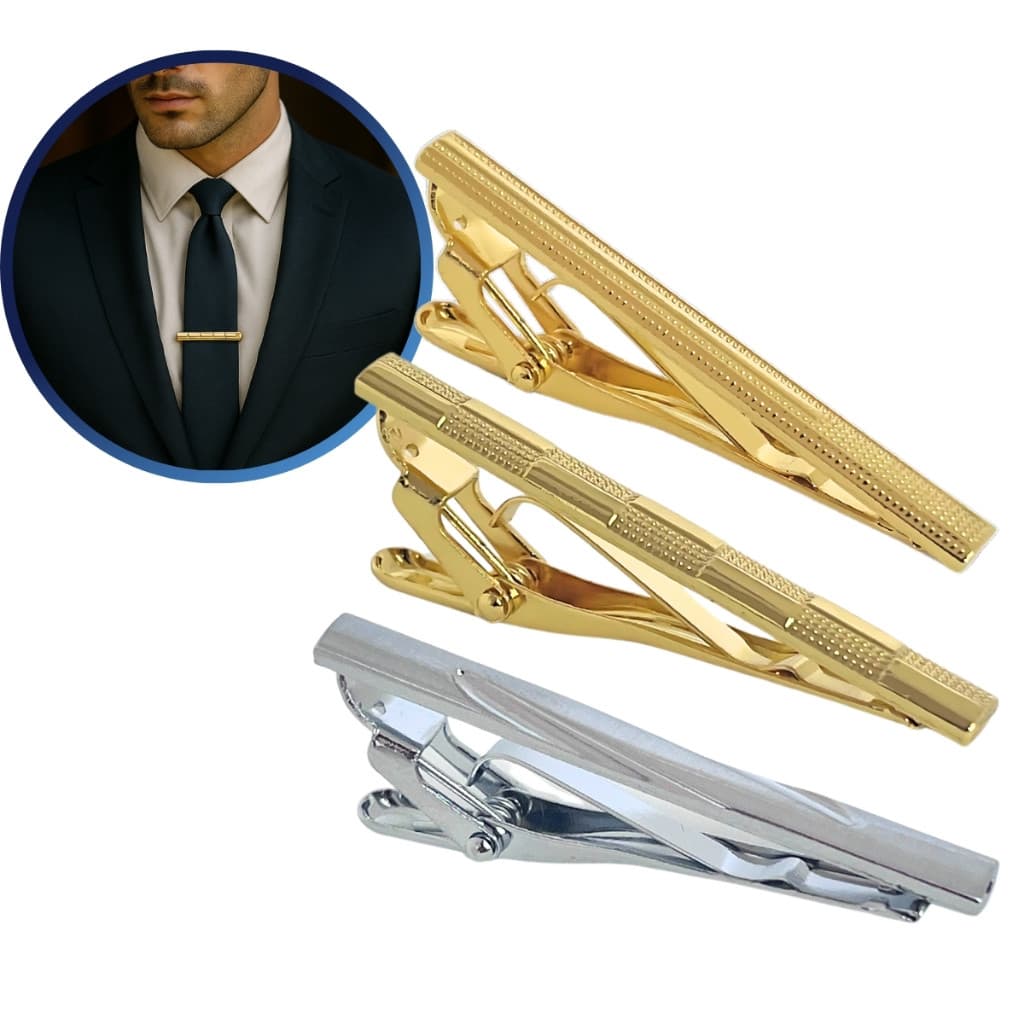 Kit 3 prendedores de gravata finos e semifinos, luxo empresarial, materiais de alta qualidade.