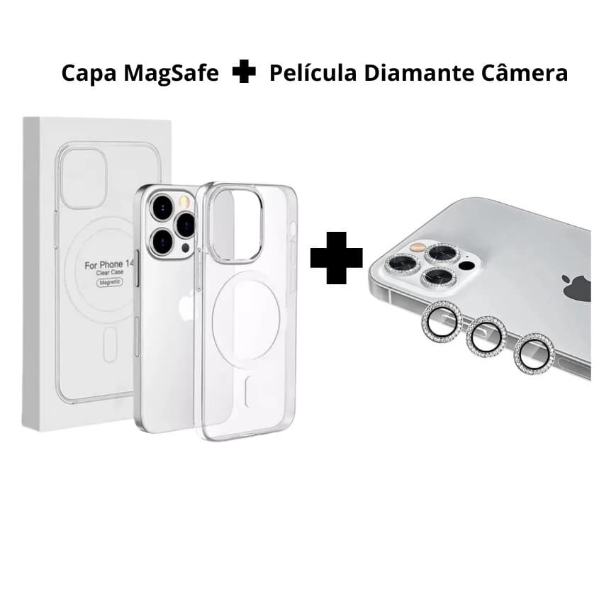 Kit MagSafe Transparente + Película Câmera Diamante iPhone 11 12 13 14 15 16 Pro Premium