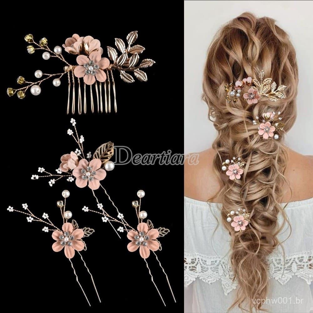 Conjunto De Combinação De Casamento De Noiva Com Flores Coloridas Elegantes E Acessórios Para Cabelo