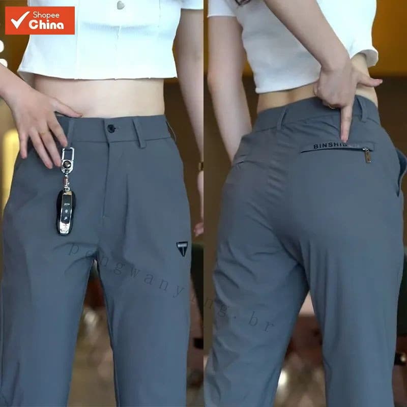 Calças Femininas de Seda Gelada MaxConfort Samoieda, Estilo Casual Leve para o Verão, Calças Elásticas Elegantes da Zanz