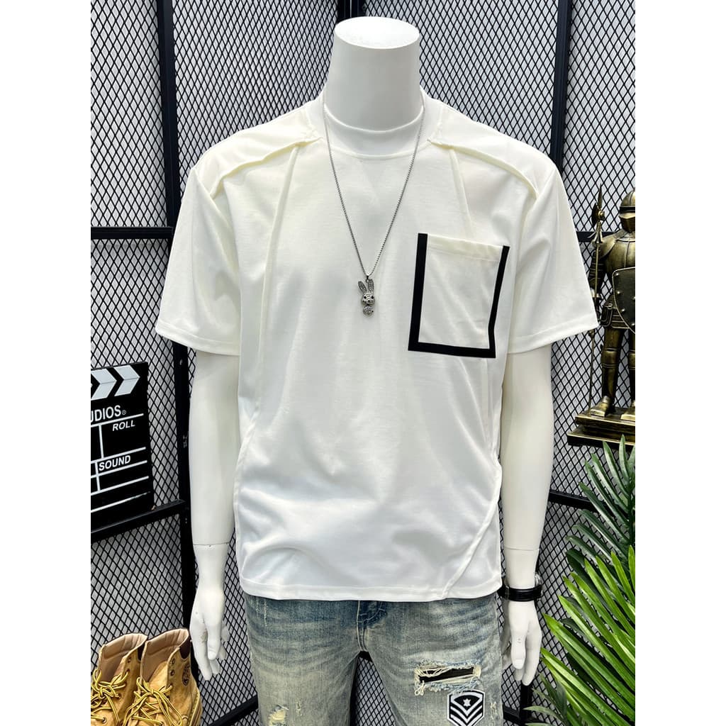 Design de manga curta camiseta masculina verão 2026 novo estilo solto grande bolso em torno do pescoço de seda gelo cami