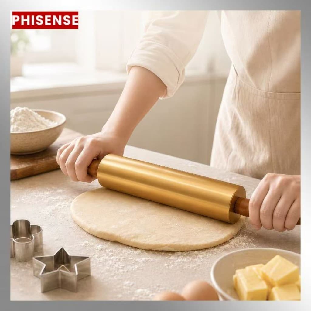 Rolo De Massa Inox Dourado Antiaderente Cabo Giratório 360° Para Pizza E Pães