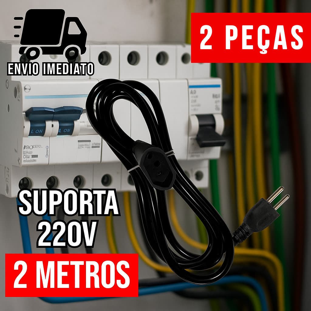 Kit 2 Extensão Elétrica e Prolongador Preto Extensor de Cabo 2 Metros Bivolt 110v e 220v