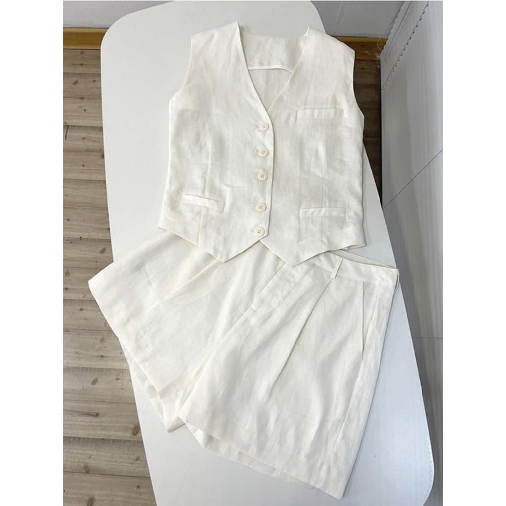 Terno de nicho francês terno feminino temperamento branco High-End linho algodão linho colete Shorts de perna larga tern