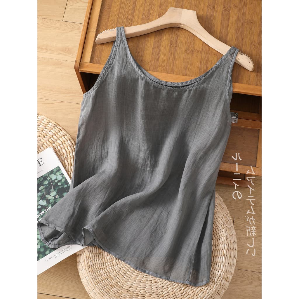 Literário cor sólida Ramie fina camisola feminina exterior sem mangas diário interior solto Casual algodão linho topo ve