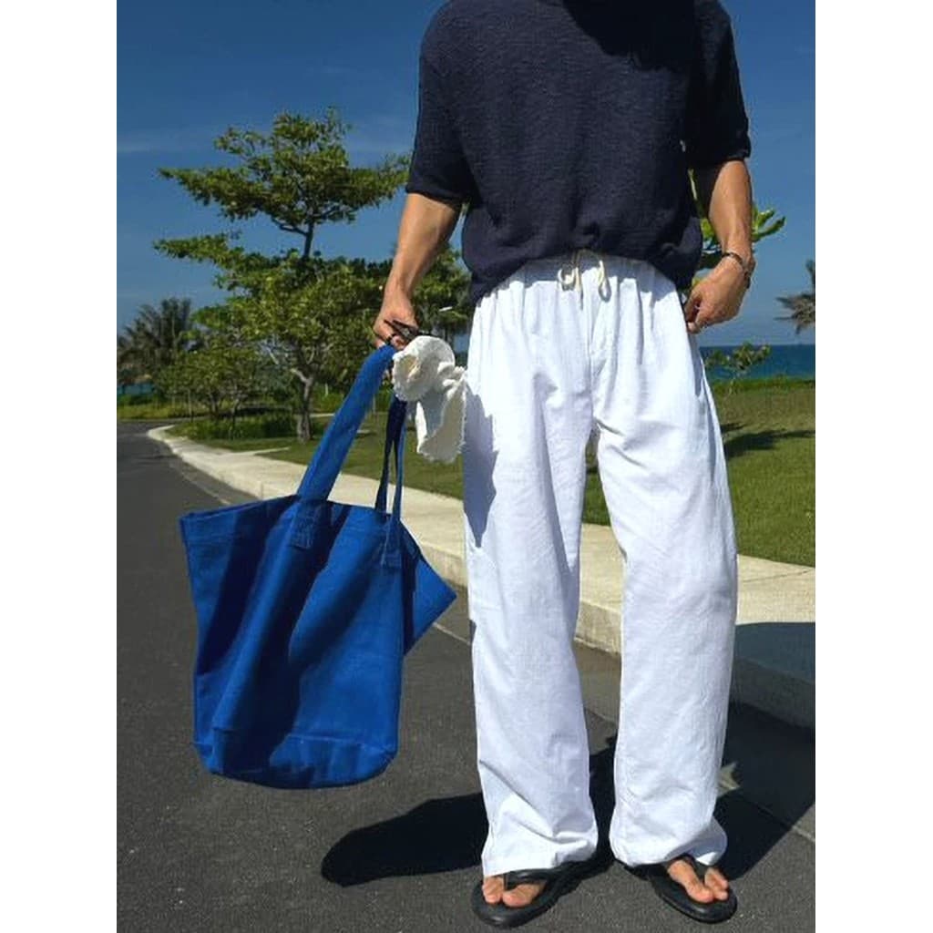 Estilo coreano algodão linho calças masculinas estilo férias solto macacão reto calças gravata linho respirável Casual t