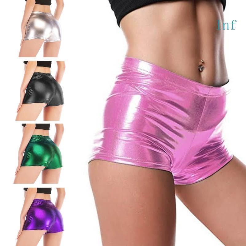 Inf Calça Curta Feminina Glitter E Cintura Elástica Couro PU Sintético