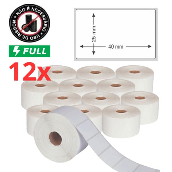 12 Rolos Etiquetas Adesivas Térmica 40x25 1 Coluna
