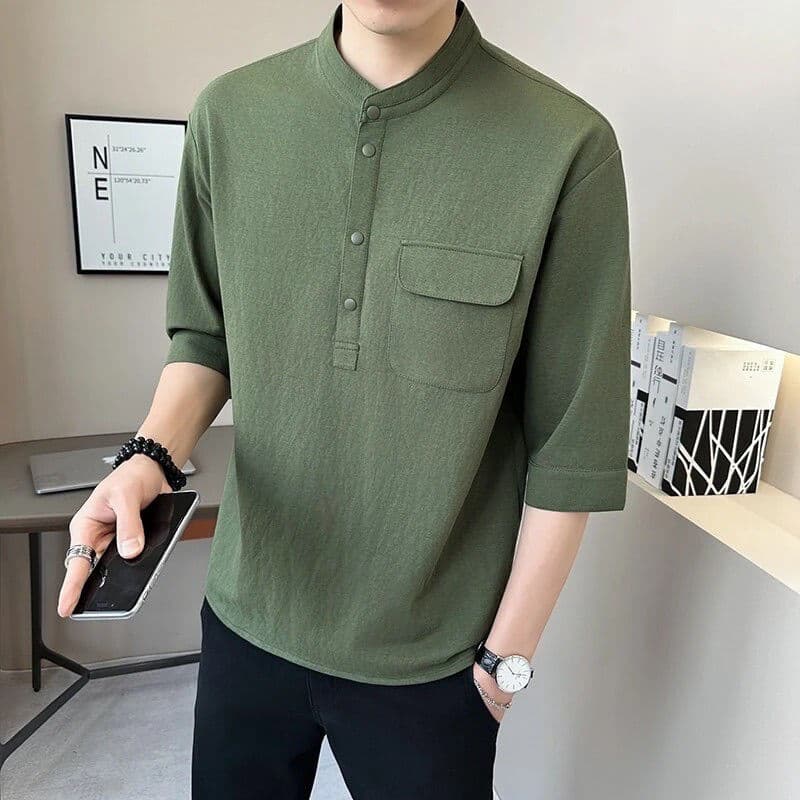 Verão novo estilo de manga de três quartos camiseta masculina sensação de gelo na moda Casual único meia manga roupas su