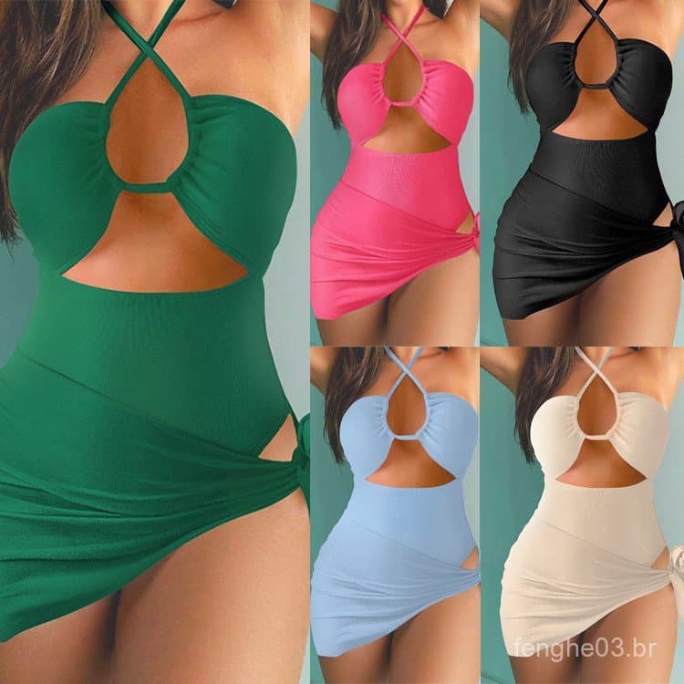 Maiô de uma peça, conjunto de três peças de biquíni de malha de cor sólida para praia e termas F0V0
