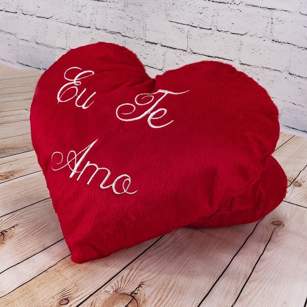 1 Almofada Coração Dia Dos Namorados Pelúcia Bordado Grande 35x25 cm