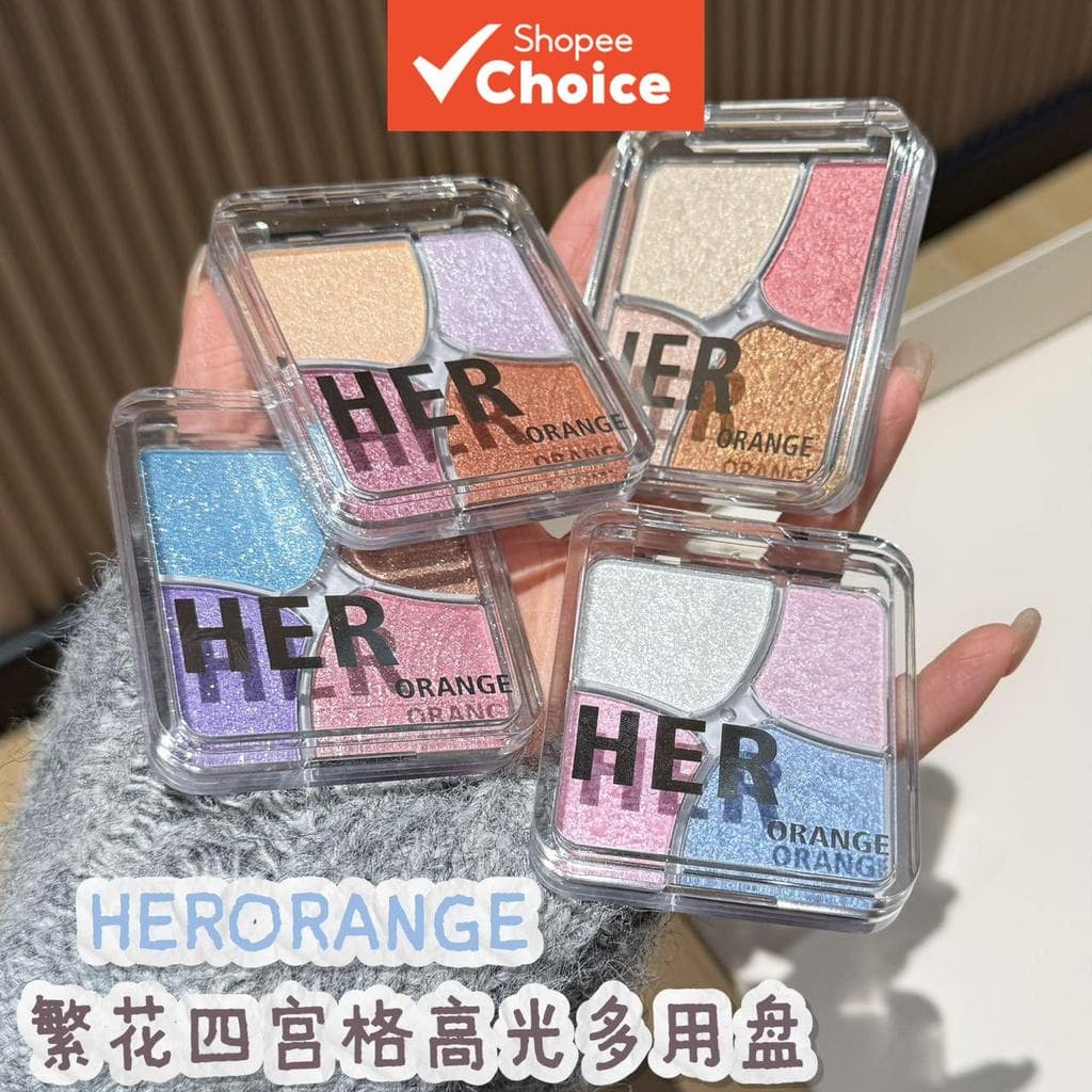 HERORANGE Paleta Multifuncional de 4 Cores com Glitter Transparente para Realce, Contorno, Sombra e Blush