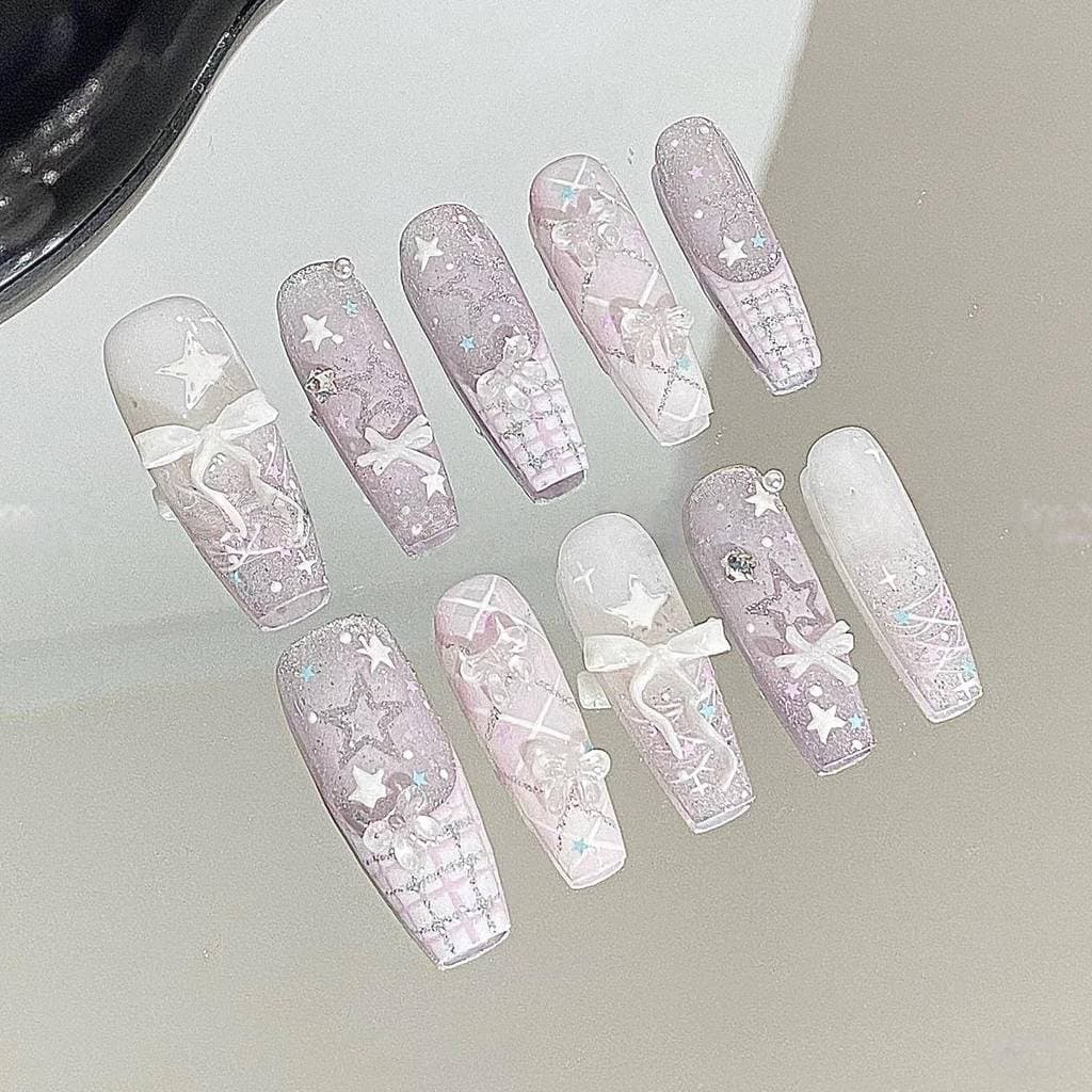 M304 gelo transparente roxo estrela novo estilo bonito estilo feminino arco vestindo unhas High-End clareamento outono i