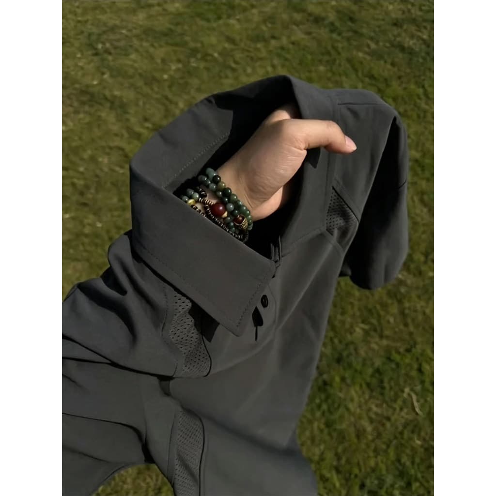 Camisa POLO de malha preta respirável de secagem rápida de manga curta masculina verão americano desconstrução lapela ca