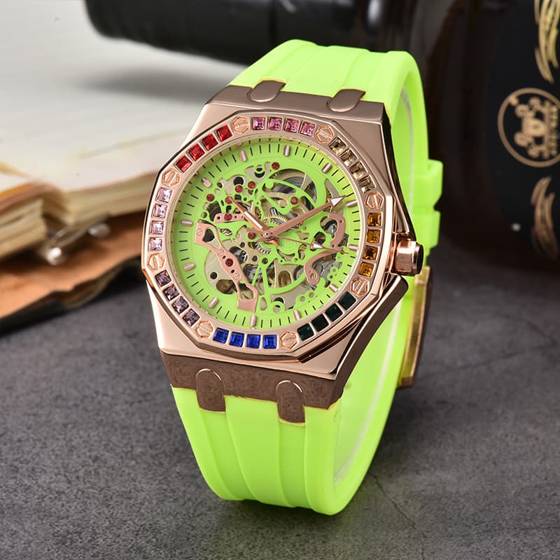 Relógio de pulso octogonal cravejado de diamantes arco-íris diamante relógio mecânico totalmente automático masculino fi