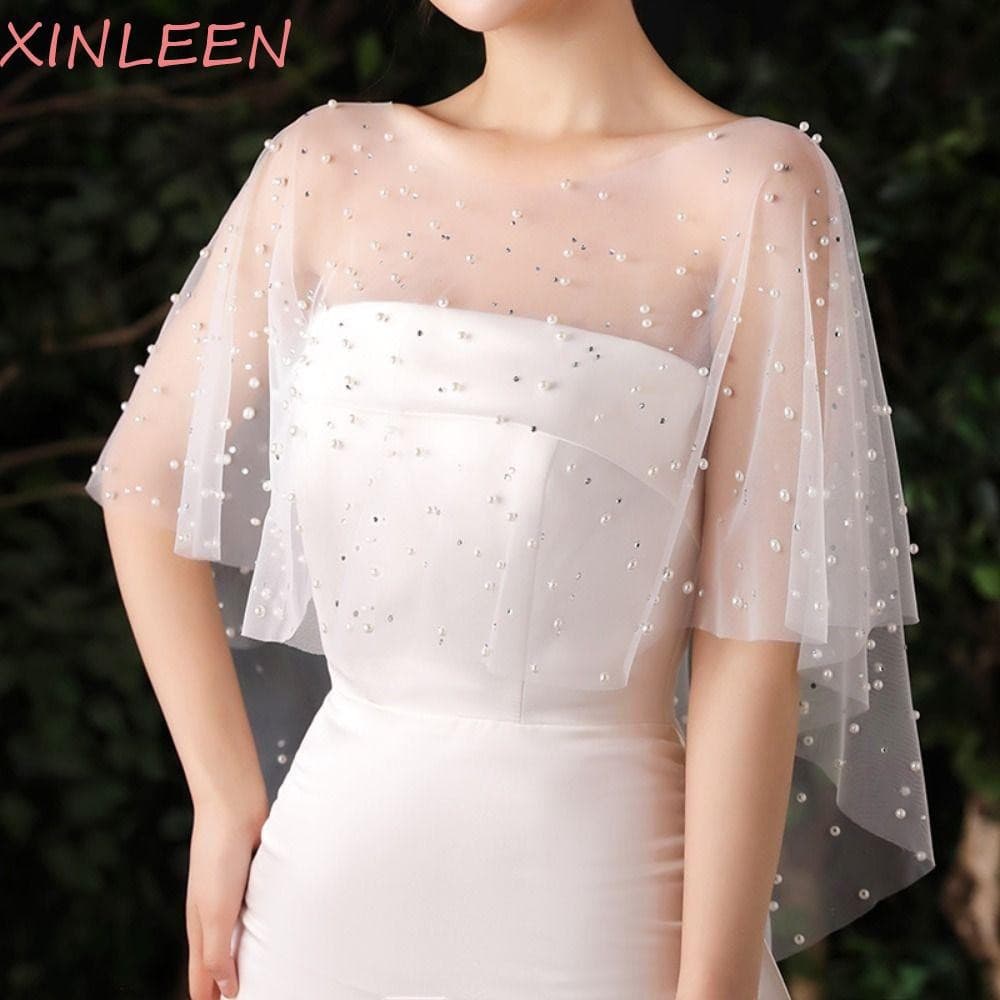 XINLEEN Xale De Vestido De Noiva , Lenços De Vestidos De Noite De Pérola De Renda , Lenço De Malha De Capa Transparente