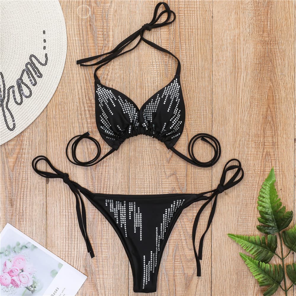 Biquíni de alças em cor sólida com strass, modelo DZ019
