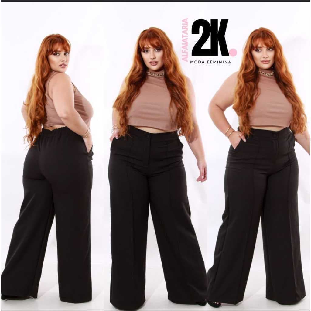 Calças Femininas Plus Size de Corte Sob Medida com Perna Larga / Calças Formais / Forradas com Botões / Dois Bolsos PUGN