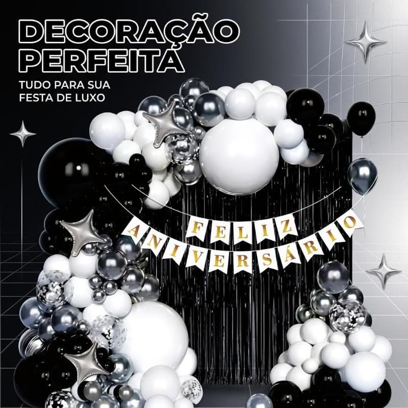 Kit Festa Luxo Preto, Branco e Prata 70 Peças - Arco de Balões, Faixa “Feliz Aniversário”