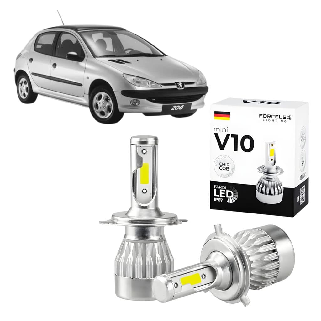 Kit Led de Farol Peugeot 206 Full Mini V10 (2 Lamp.) H1 IP67 ChipCob 6500K Cor Branca Com Leve Azulado