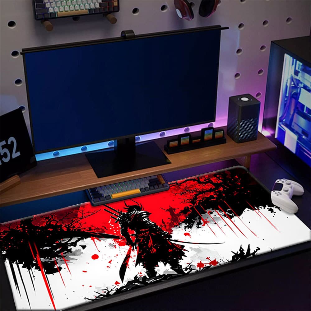 Mousepad Grande Arte Oriental Samurai Sakura Preto Vermelho Respingo Tinta Design Antiderrapante Mouse Pad 30 * 80CM