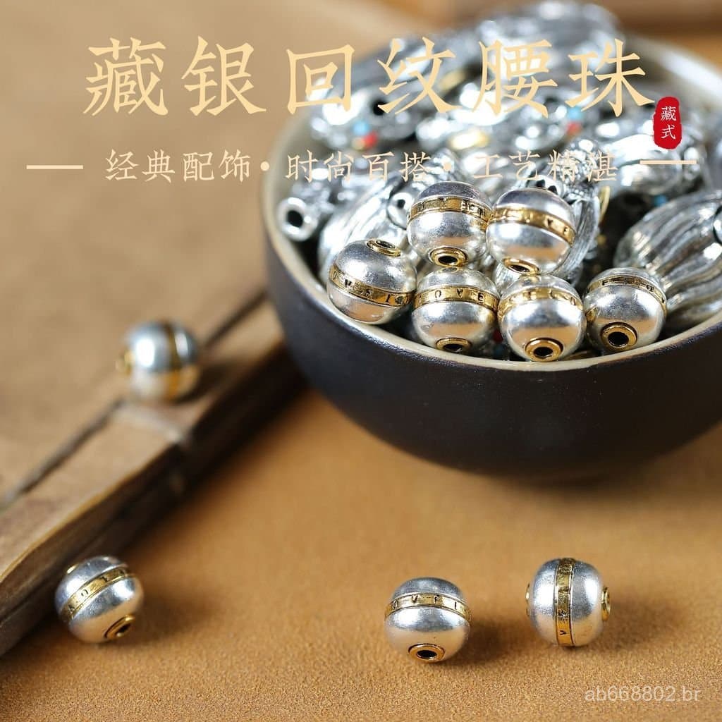 Contas budistas de prata tibetana bicolor com seis caracteres e diamantes, com caracteres "Feliz" perfurados, pulseira a