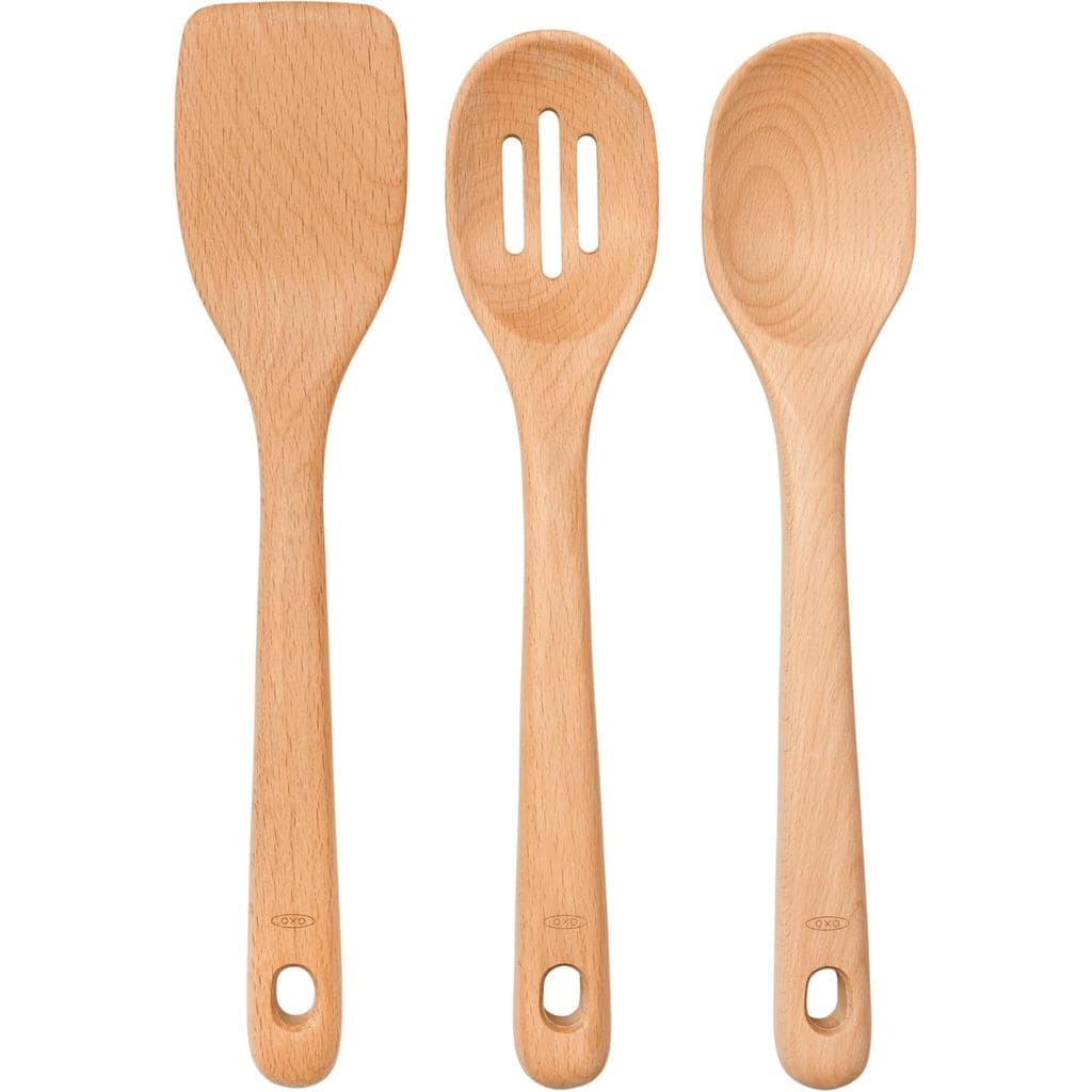 Conjunto de Utensílios de Madeira OXO Good Grips de 3 Peças, Colher de Madeira Maciça, Colher Vazada e Espátula XWLA