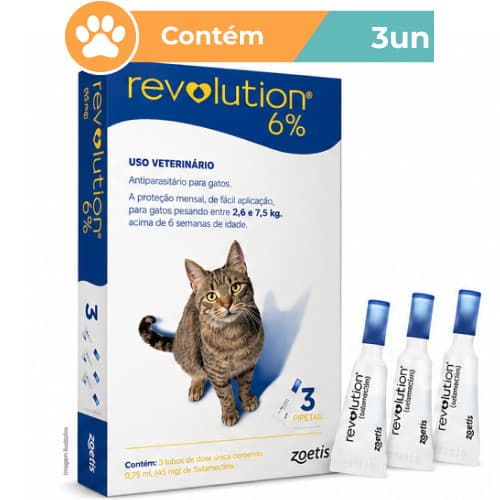 Revolution Gatos 6% 0,75ml 45mg 2,5 a 7,5kg 3 Pipetas