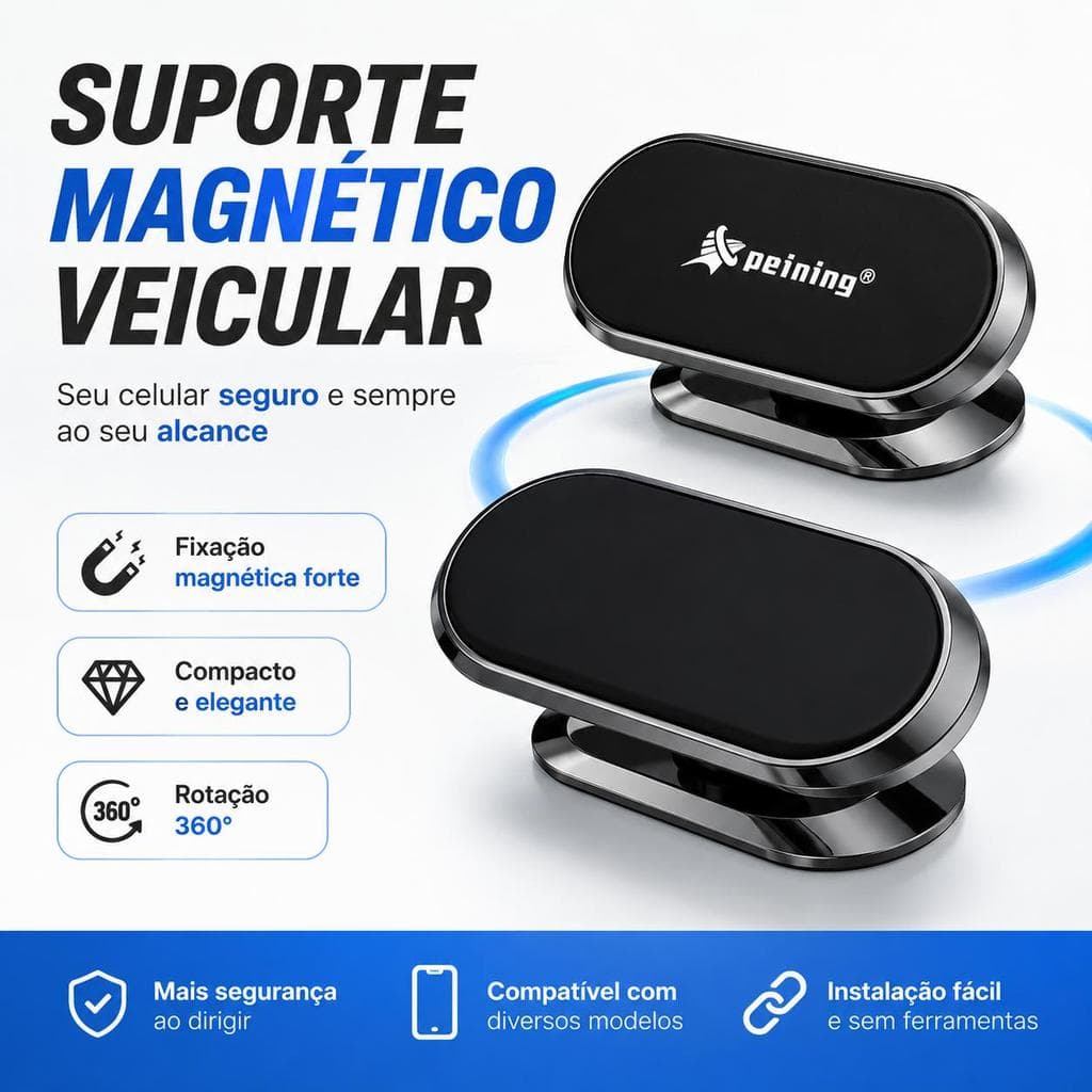 Suporte Magnético Veicular 360° para Celular, Base Adesiva VHB, Fixação Forte para Painel do Carro, Compacto e Fácil de
