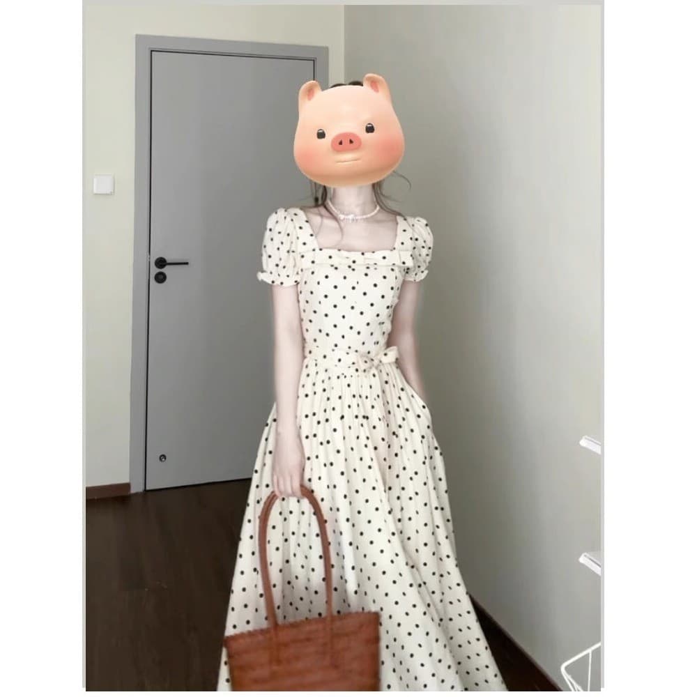 Francês Retro nicho branco bolinhas vestido de manga curta roupas femininas 2025 novo estilo verão temperamento saia lon