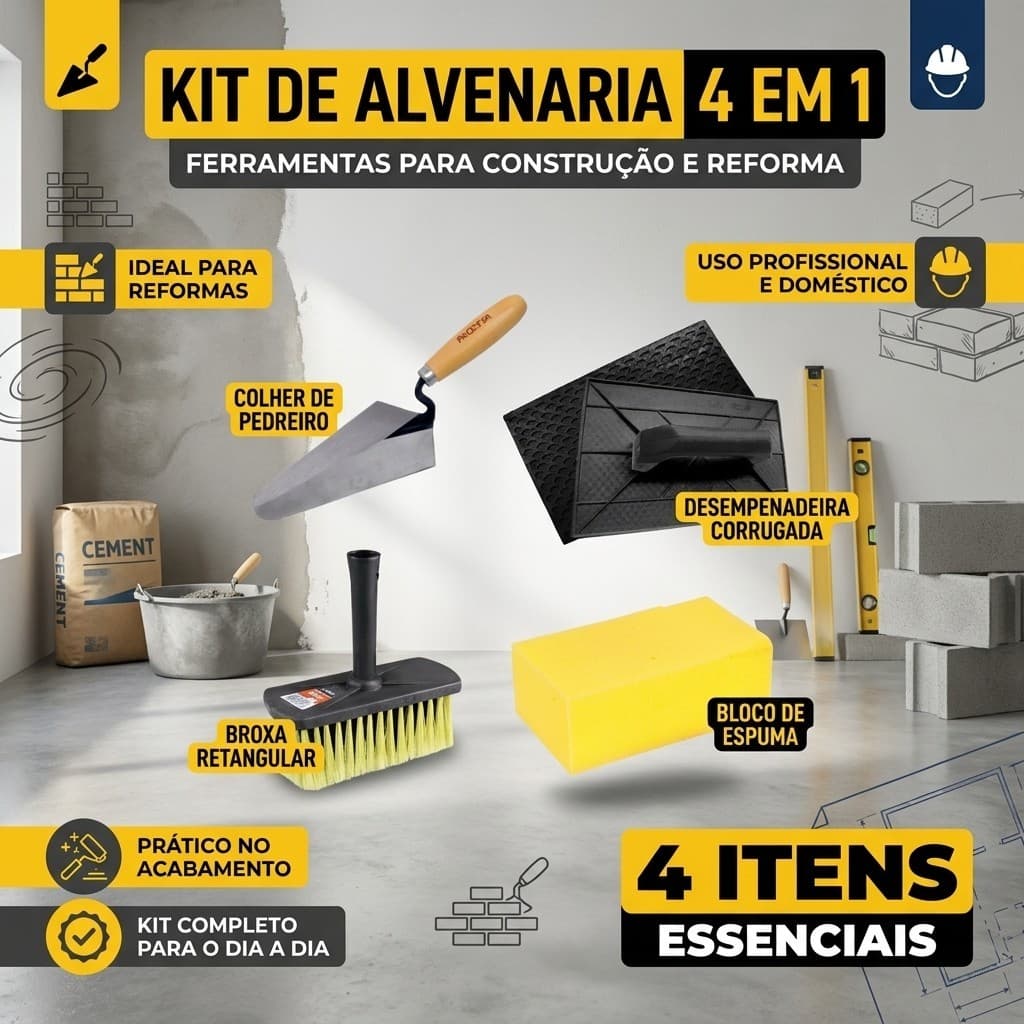 Kit Pedreiro 4x1 Colher + Desempenadeira + Broxa Retangular + Bloco Espuma Uso Geral