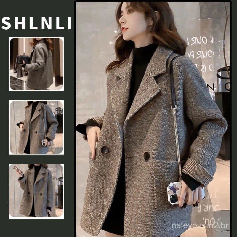 Casaco Feminino Solto Estilo Britânico para Outono Inverno, Casual, Simples, com Um Único Botão, Jaqueta Trench de Tweed