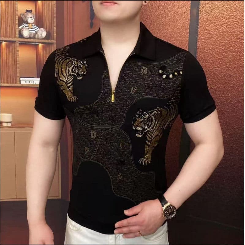 Estação europeia de manga curta gelo seda quente strass camiseta masculina lapela meio zíper camisa POLO bonito All-Matc