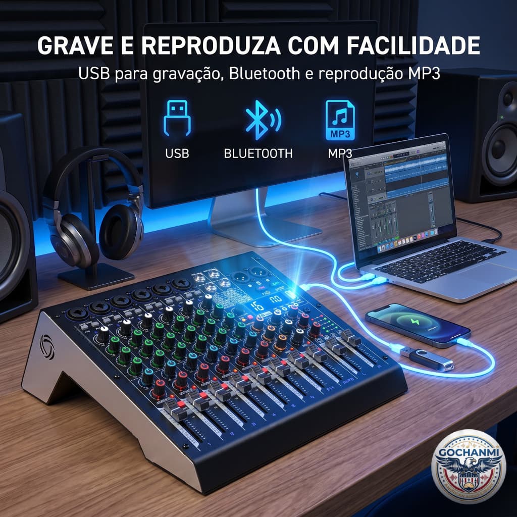 Mesa de Som para Microfone Condensador 48V 4 ou 6 Canais USB Bluetooth para Estúdio e Podcast