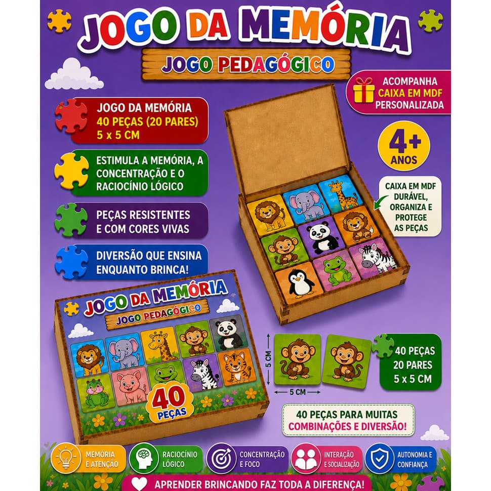 JOGO DE MEMÓRIA DE ANIMAIS EM MDF 40 PEÇAS PRONTA ENTREGA