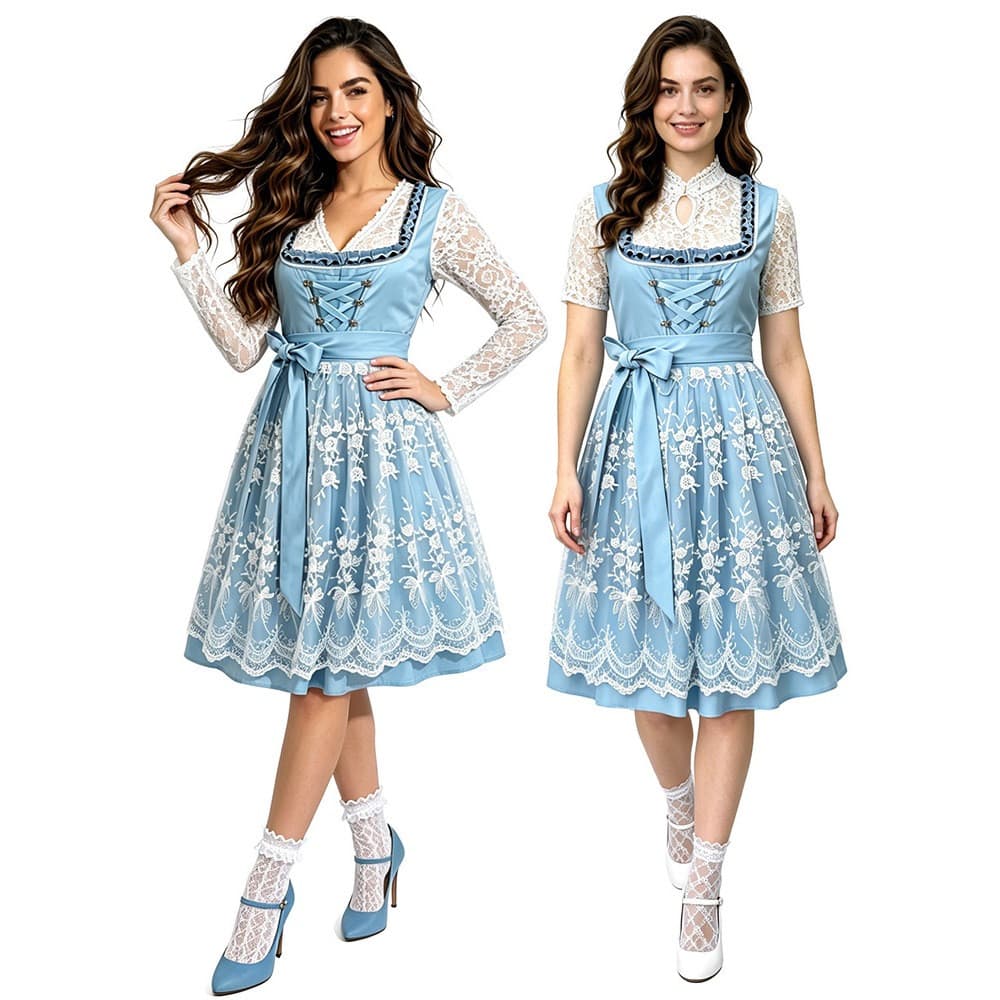 Conjunto de Vestido Dirndl Bávaro com Renda e Mangas Longas, Traje Alemão para Oktoberfest, Roupa para Festa de Carnaval