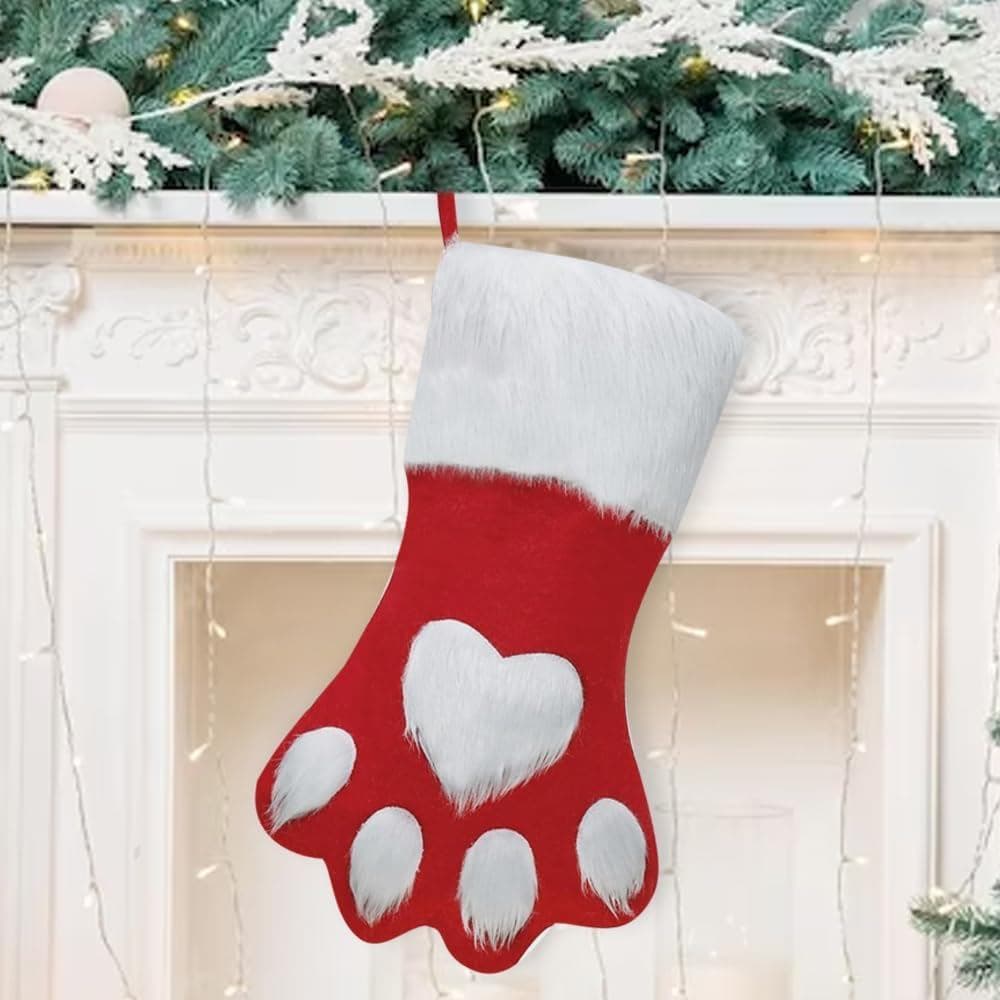 Meias de Natal Grandes Hying com Pata de Cão, Meias de Veludo Vermelho Felpudas para Decoração de Inverno, Meias de Pres