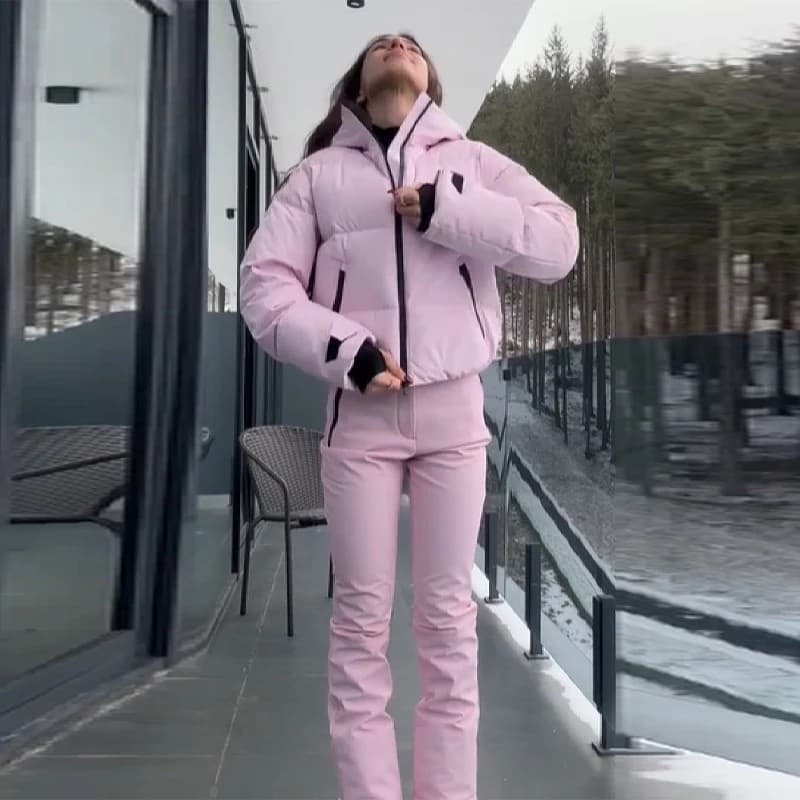 Conjunto Esportivo de Inverno para Mulheres, Rosa, com Gola Alta, Capuz, Jaqueta de Algodão com Zíper, Calças Retas, Que