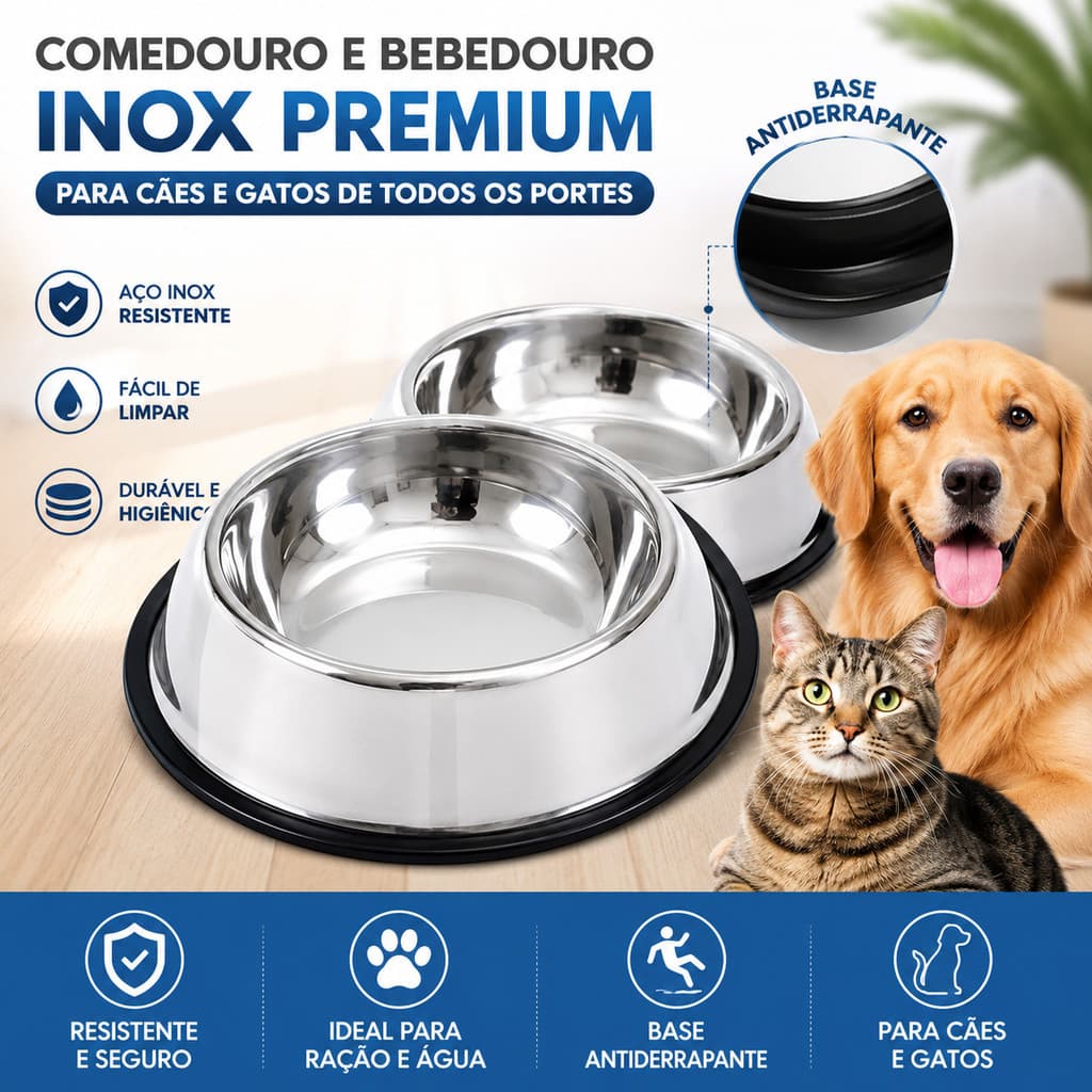 Kit Alimentação Pet em Inox | Comedouro e Bebedouro Antiderrapante para Cães e Gatos