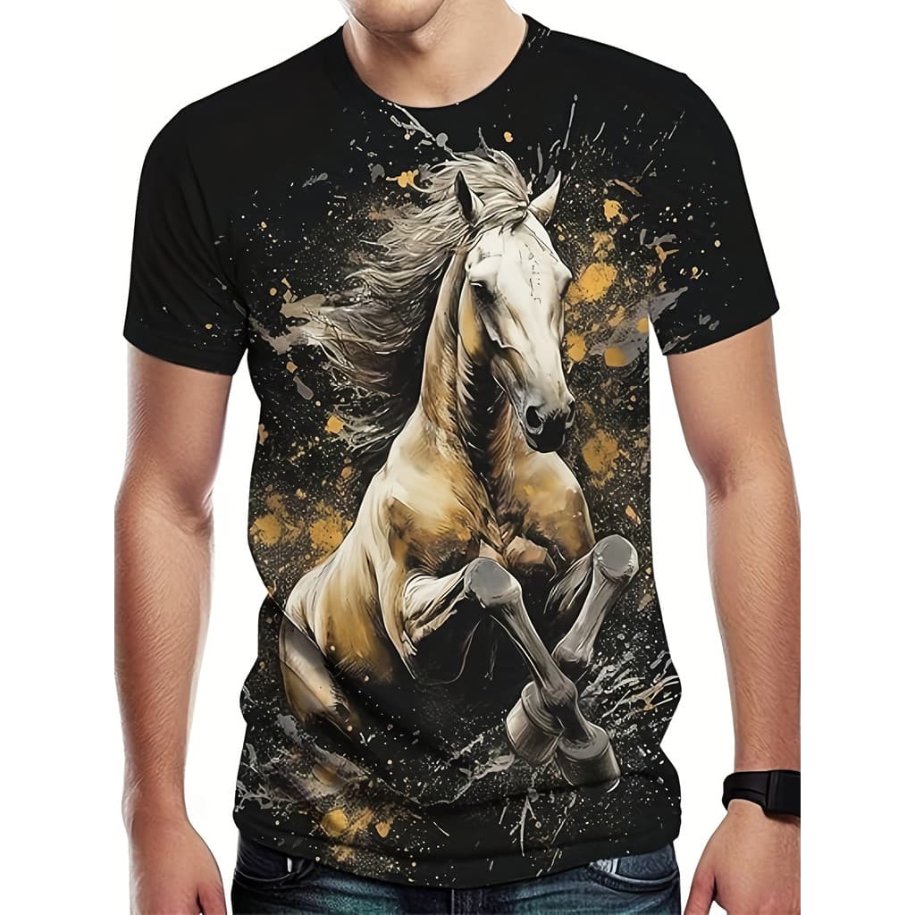 Camiseta Masculina Com Estampa De Cavalo 3D De 1 Peça-Blusa Casual Gola Redonda , Adequada Para Esportes , Festas E Uso
