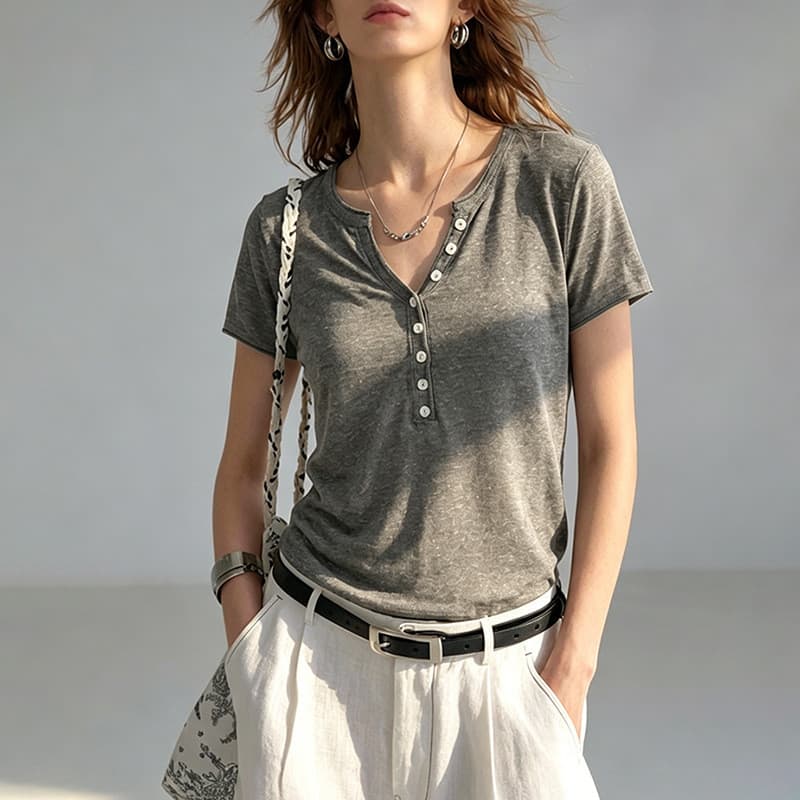 Moda Henry Collar Linho Top Fino Luz Transparente Lyocell Gola Meia Aberta Camiseta Feminina Verão Commuter Com Decote E
