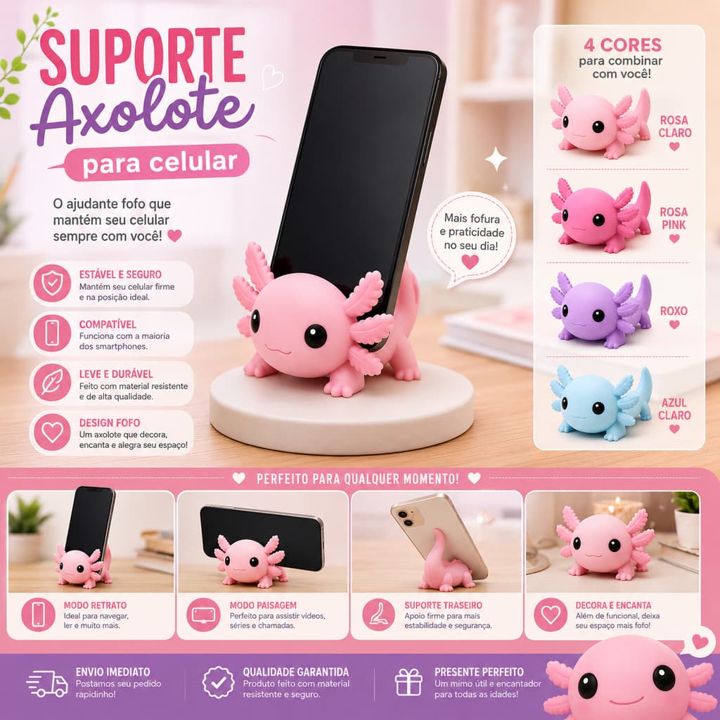Suporte para Celular Axolote Fofo Universal Mesa iPhone Android