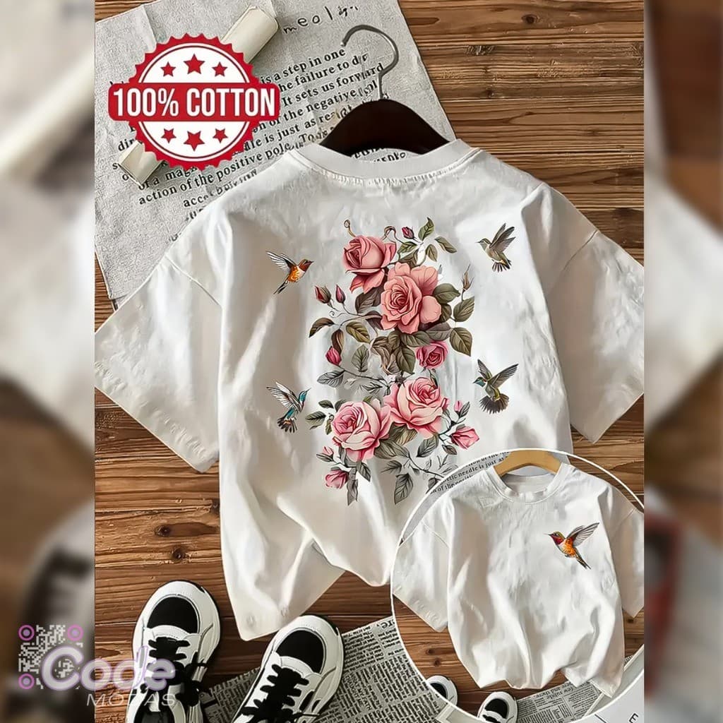 Camisa Camiseta T-Shirt Beija-Flor Floral Estilo Vintage Algodão Aesthetic