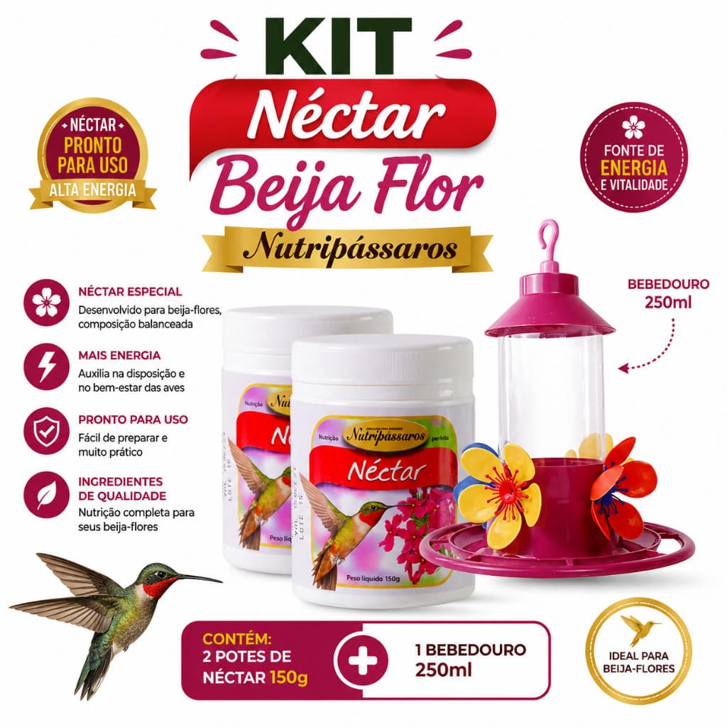 Kit 2 un - Néctar Beija Flor Nutripássaros 150g + Bebedouro 250ml