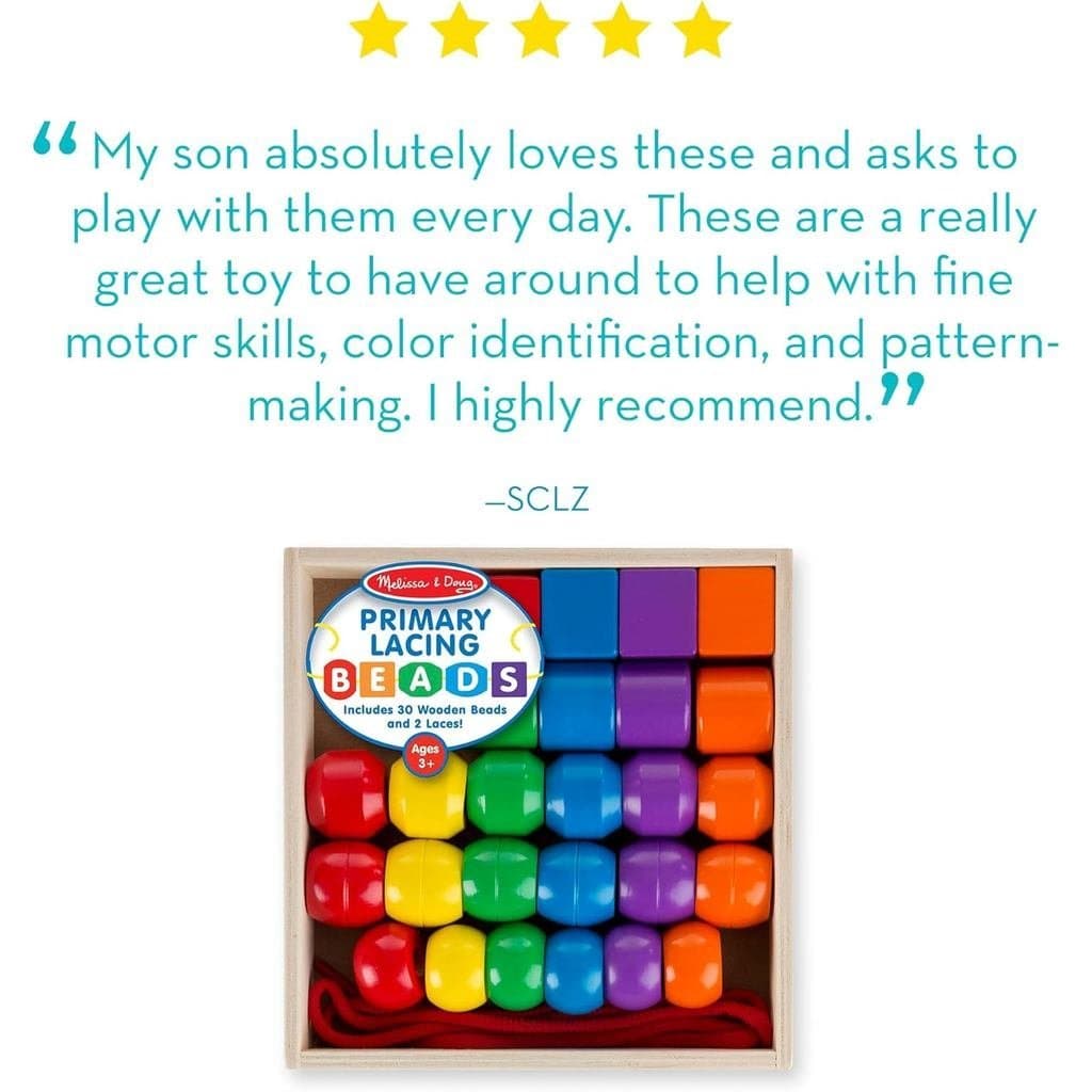 Melissa & Doug Brinquedo Educativo de Encaixe de Contas - Com 30 Contas de Madeira e 2 Cordões para Crianças Pequenas, B