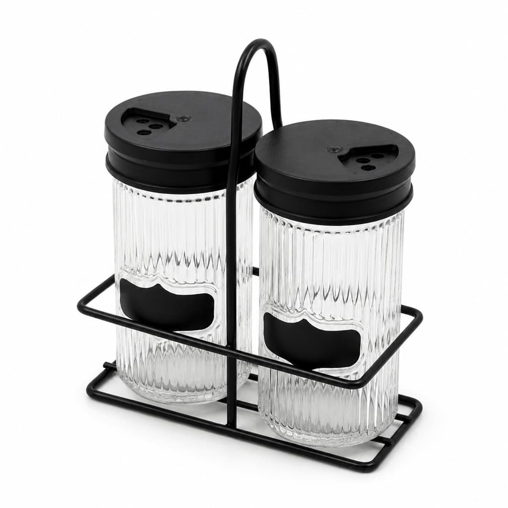 Kit Porta Condimentos Saleiro Paliteiro 2 Potes de Vidro 85ml com Suporte Aramado e Tampa Giratória