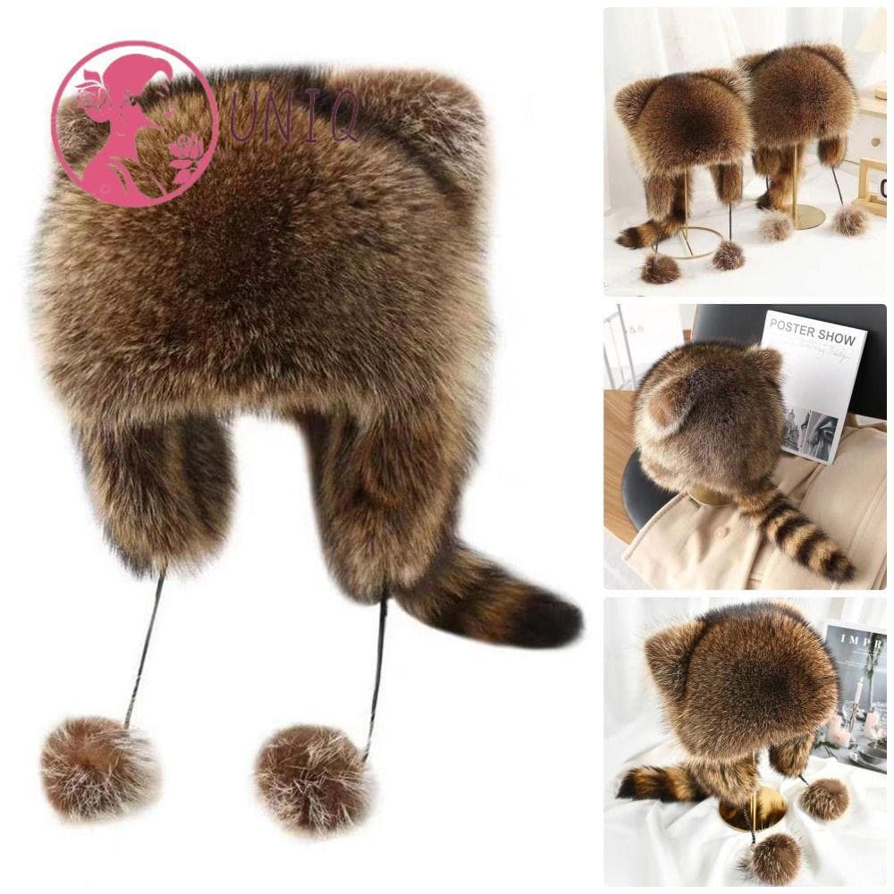 Chapéu de pele de guaxinim de peça única UNIQ, chapéu de aviador quente e espesso, equipado com um pompom de pele de inv