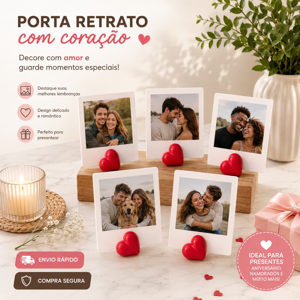 Suporte Foto Polaroid Coração Vermelho Kit 5 15 30 50 Porta Retrato Lembrancinha Mimo Dia Namorado