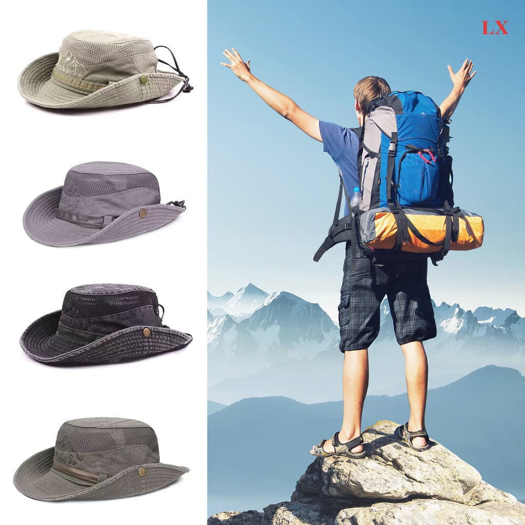 Chapéu de Sol Masculino de Verão em Malha Respirável, Aba Larga, Alça de Queixo Ajustável, Ideal para Caminhadas, Praia